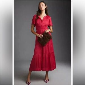Anthropologie Somerset Dress S Magenta Maxi V-Neck Short Sleeve Pockets Flowy